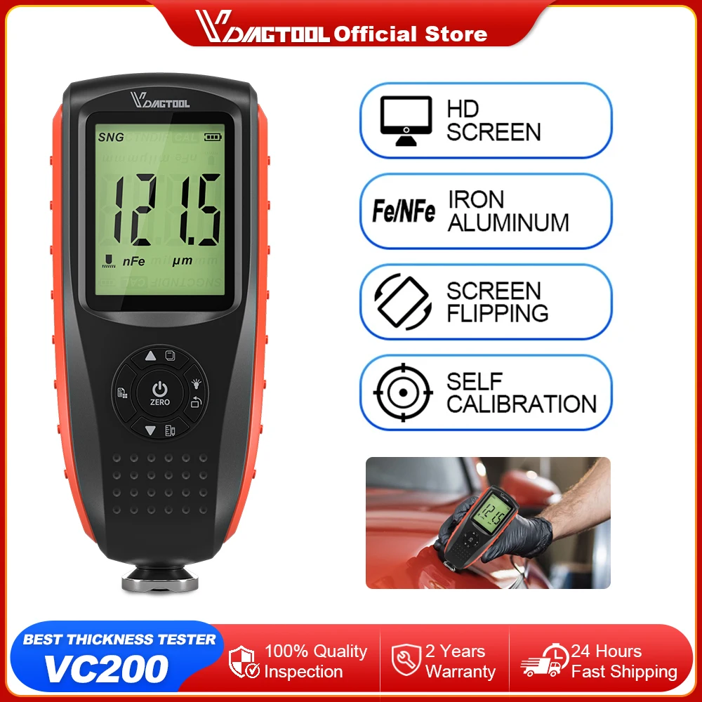 VDIAGTOOL VC200 Coating Thickness Tester Backlight Car Paint Thickness Gauge Calibration Function Thickness Meter Rotated Screen