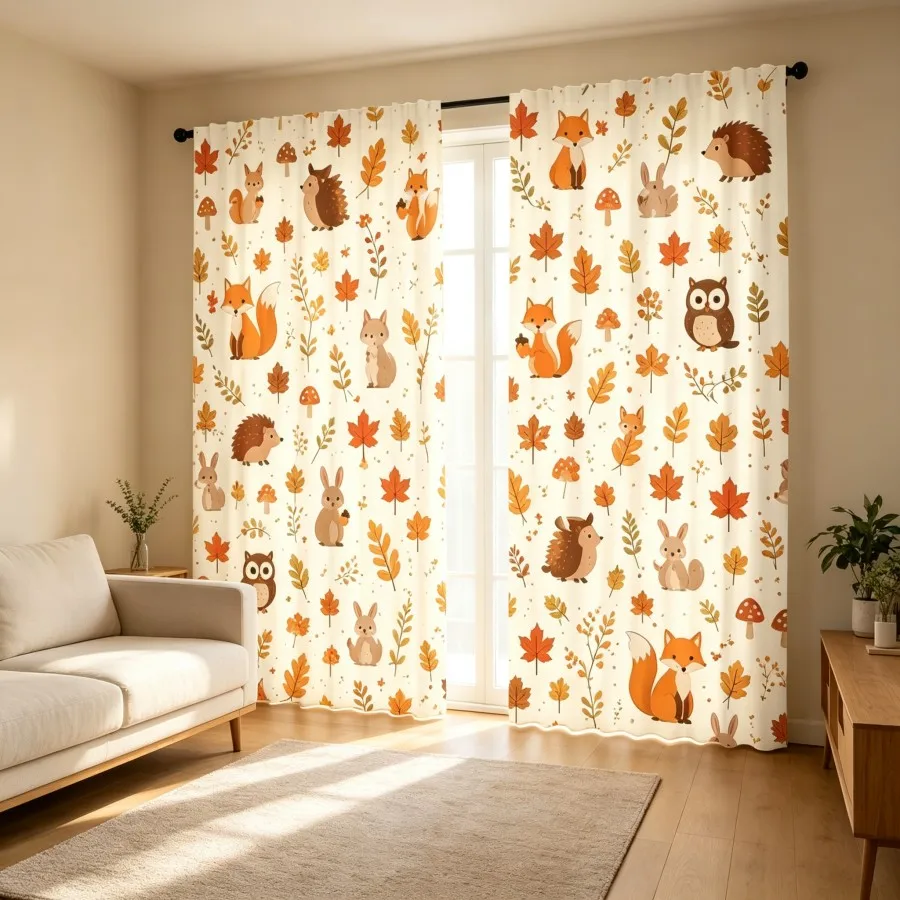 2PCS Digital Print Curtain, Cartoon Fox Hedgehog Rabbit Owl Maple Leaf, Woodland Animal Style for Living Room Bedroom Decor
