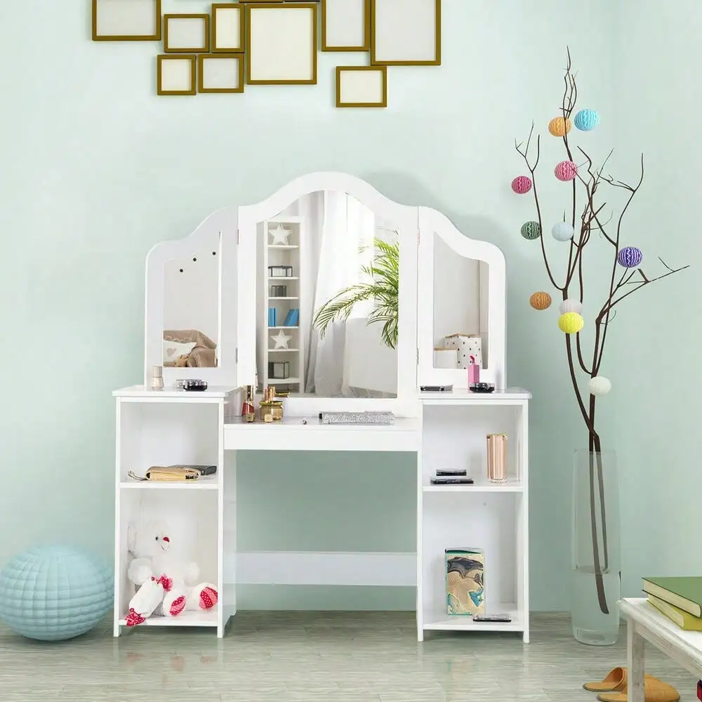 

Vanity Table Set Makeup Dressing Girls Study Table Tri Folding Mirror