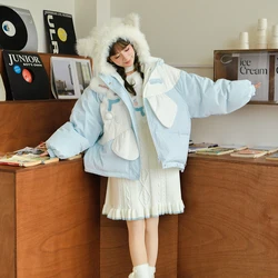 Cute Blue 3D Bunny Down Jacket Winter Warm Short Jacket Woman Sweet Loose Down Jacket