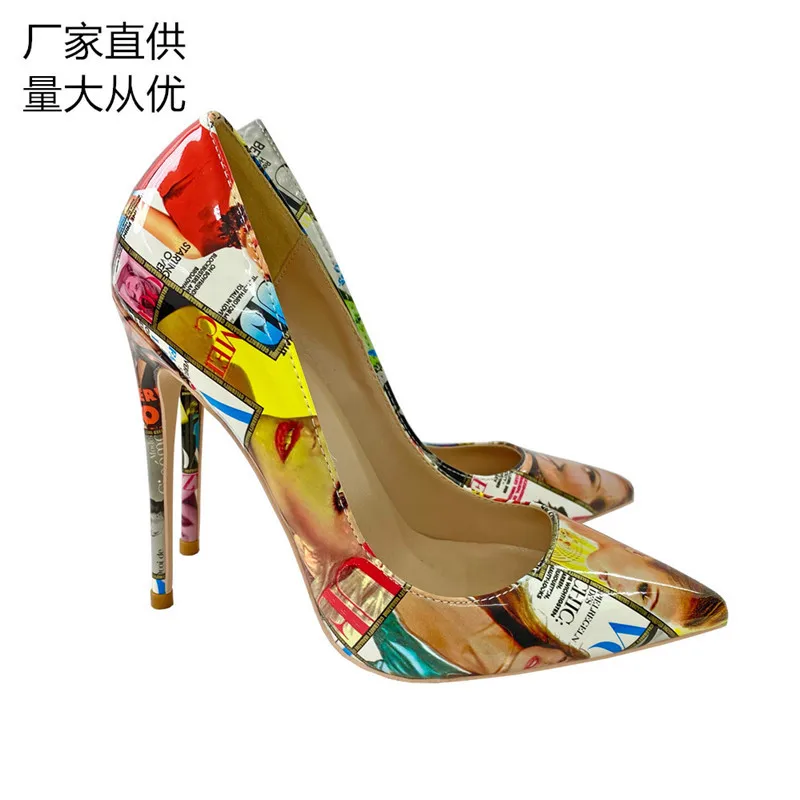 

Foreign Trade Wholesale Spring 2024 New Graffiti High Heels 12CM Pointed Thin Heel Shallow Mouth Single Shoes Women's Shoes