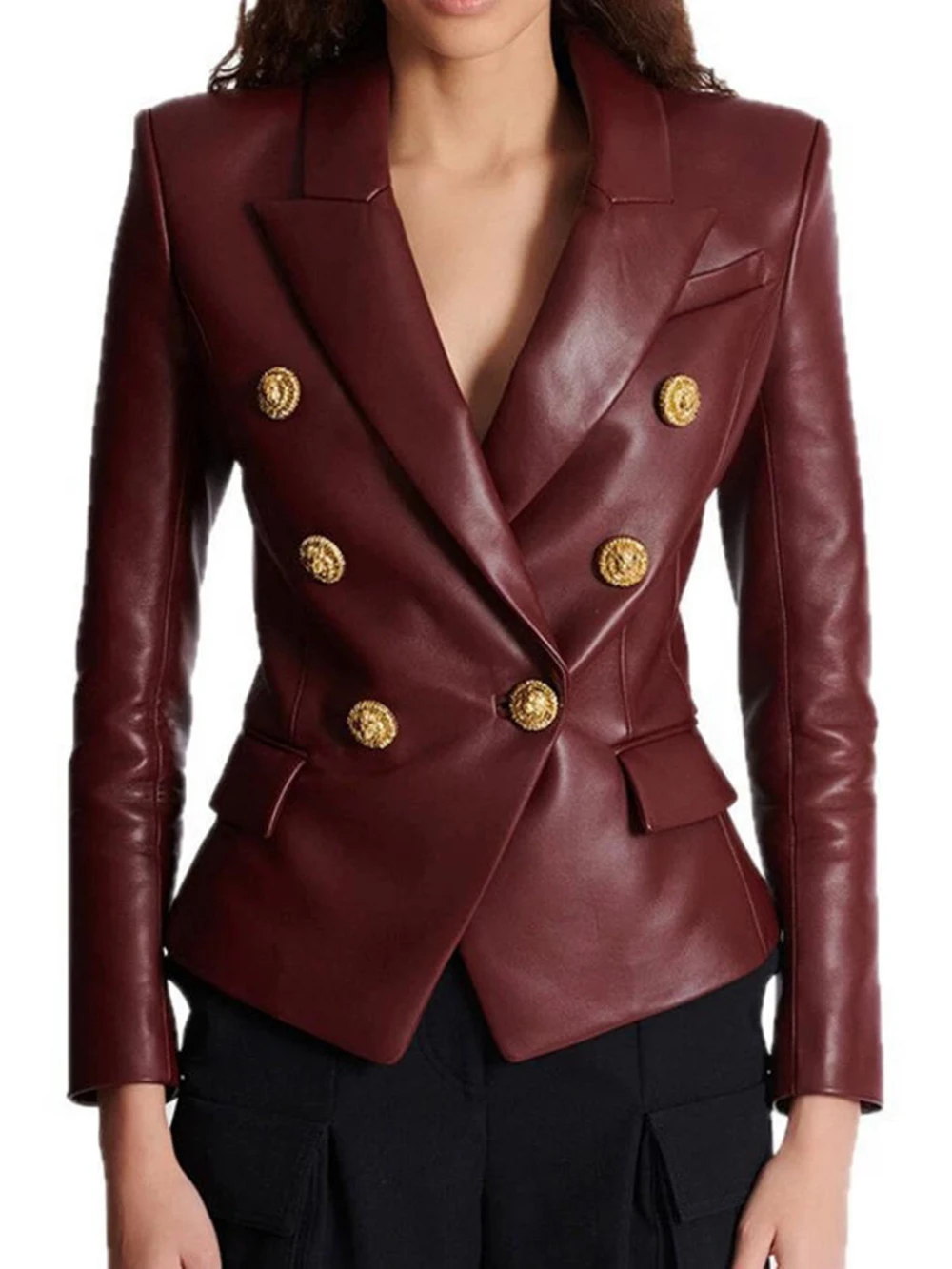 

Modphy New 2026 Designer PU leather Jacket Women's Slim Fitting Double Breasted Lion Buttons Denim Blazer