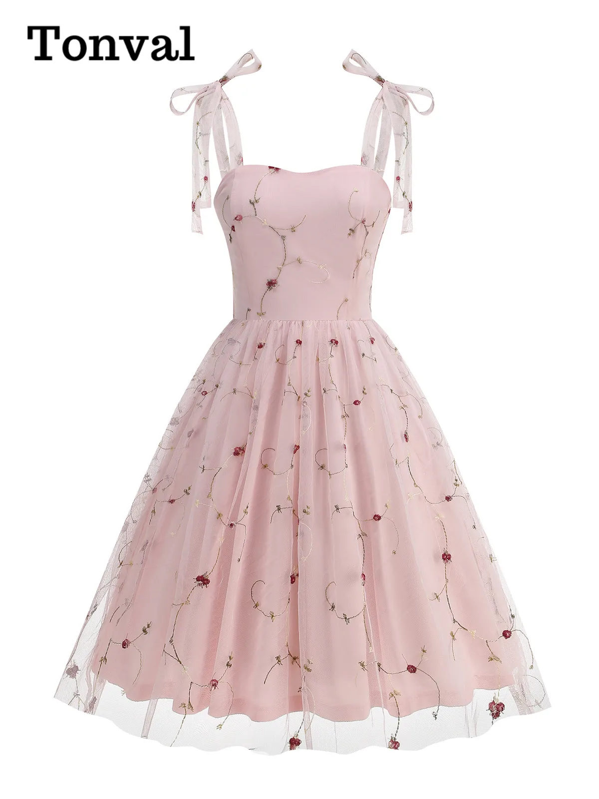 

Tonval Embroidered Mesh Fit and Flare Luxury Vintage Dress Knot Straps Summer Women Birthday Party 50s Dresses
