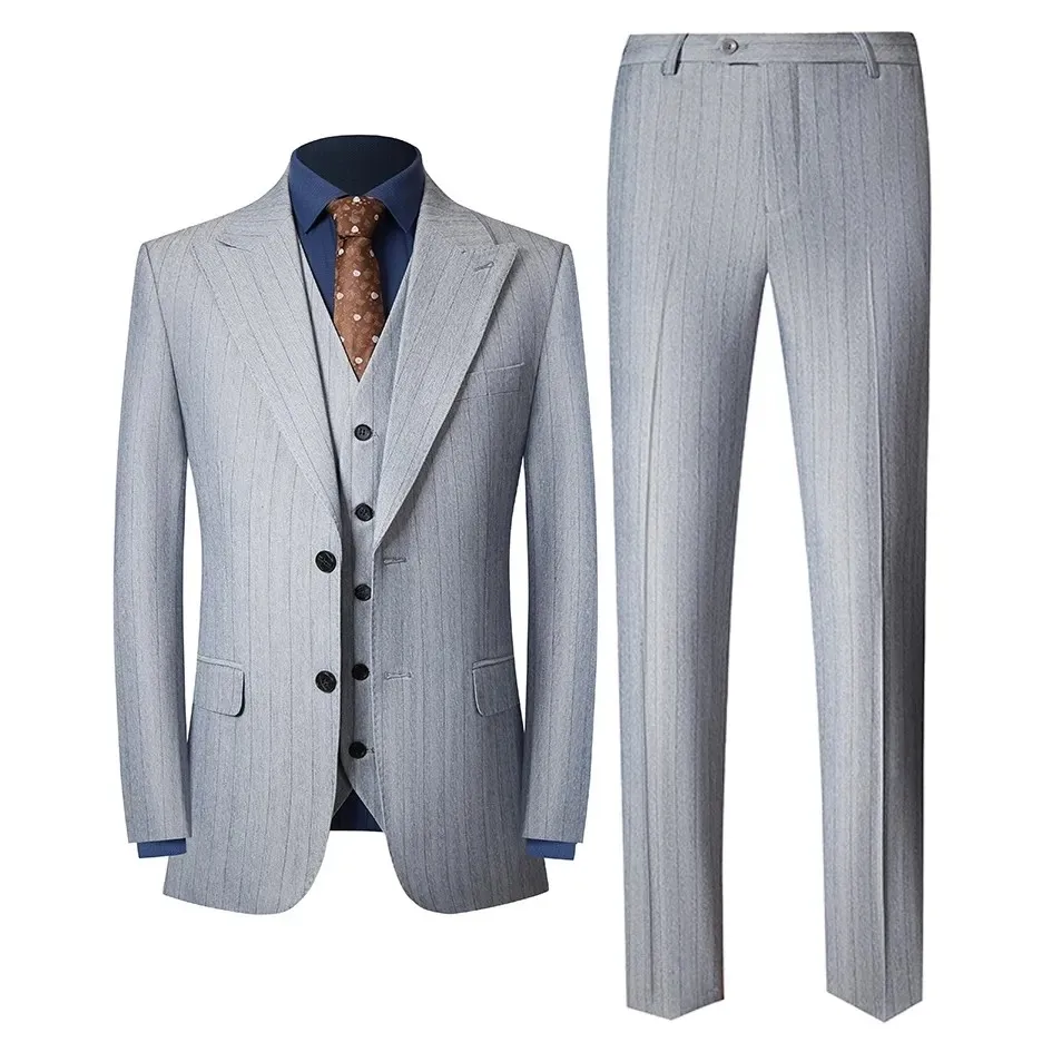 2024 High-quality Men\'s Stripes (suit + Vest + Trousers) Fashion Business Slim-fit Workplace Groom Wedding Suit Three-piece Set