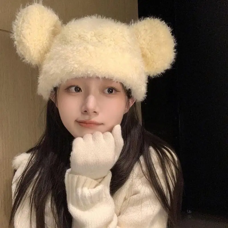 652F Cartoon Hat Head Wrap Furry Bear Soft Thicken Hood for Women Outdoor Wear Thicken Ear for Winter Sports Cycling Skiing