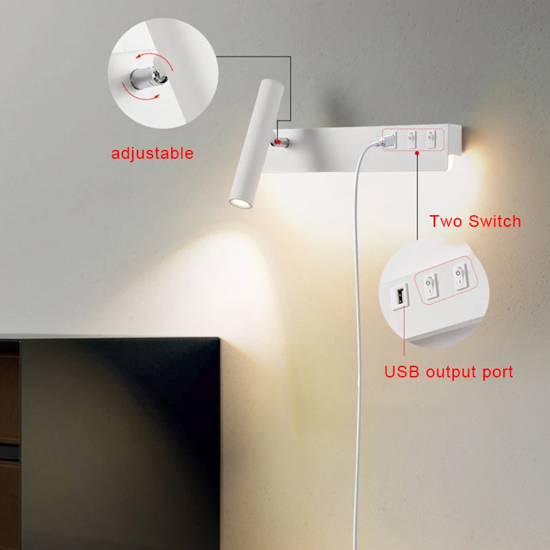 Lámpara de pared de lectura para cabecera, luz LED de pared moderna nórdica con interruptor, iluminación interior USB, decoración de habitación para