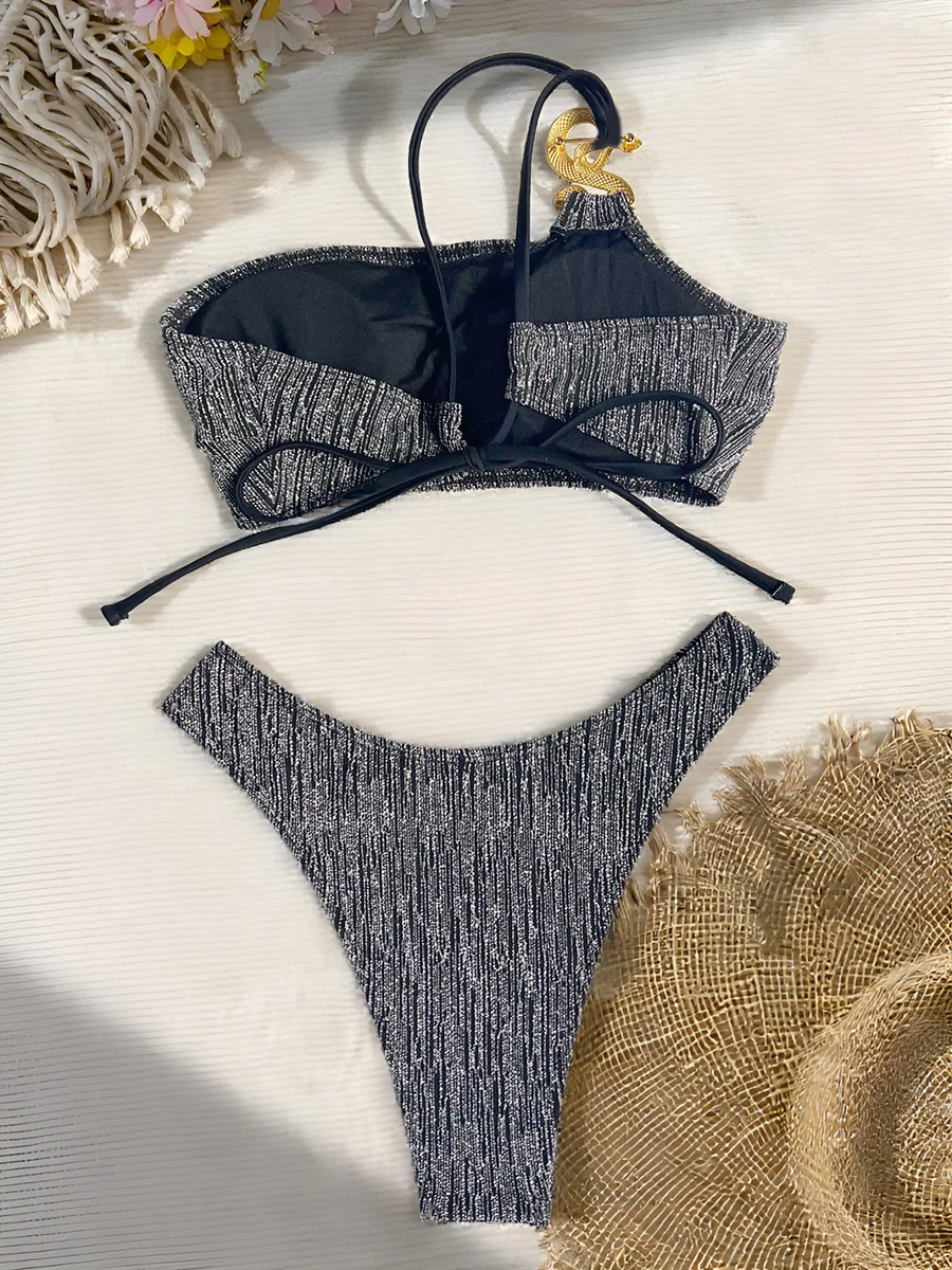 Glitter Funkelnden Schulter Bikini Weiblichen Badeanzug Frauen Bademode Zwei-stück Bikini Set Bandeau Badeanzug Schwimmen Strand Tragen