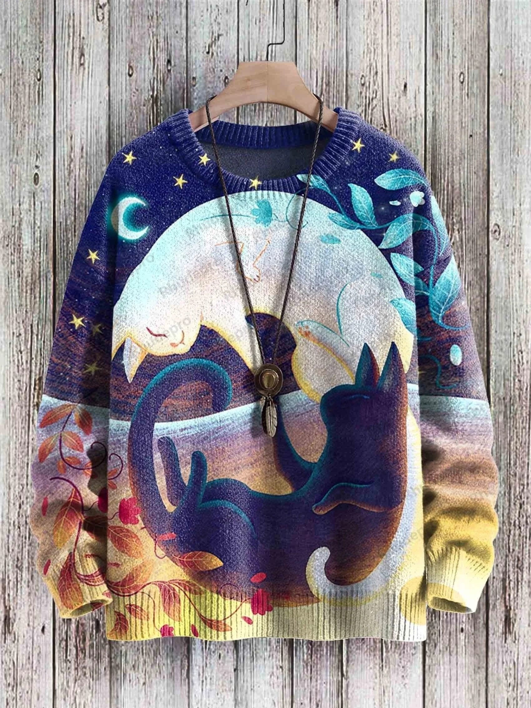 Funny Cat & Vintage Cute Cat Art Pattern 3D Printed Men's Knitted Pullover Winter Unisex Casual Knit Pullover Sweater