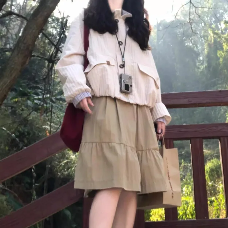 Women Korean Lazy Style Color Block Short Spring Casual Loose Pocket Outerwear For Petite Ladies