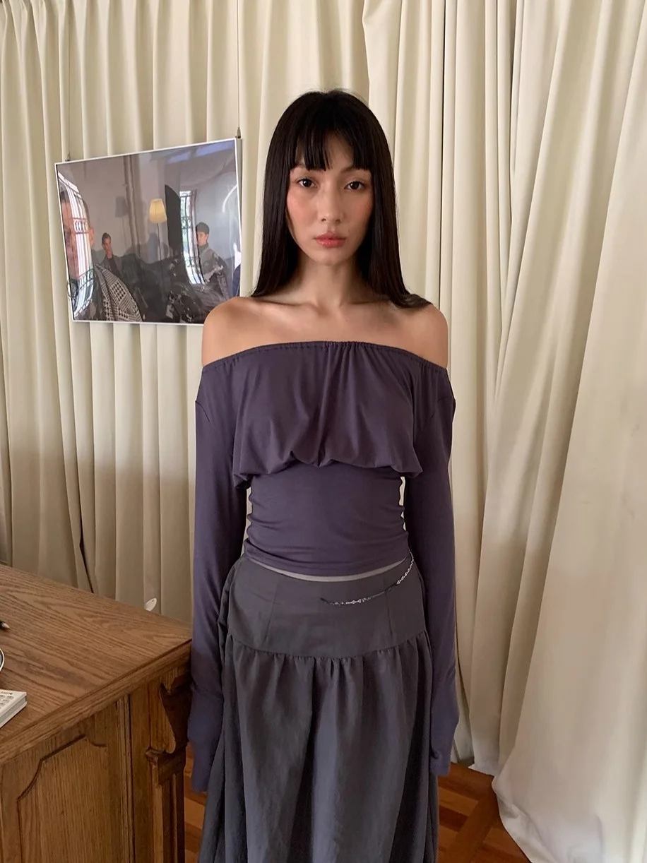 

Повседневный трикотажный топ с длинным рукавом, присборенной талией, плиссировкой и одним открытым плечом для женщин, из модала, весенний сезон