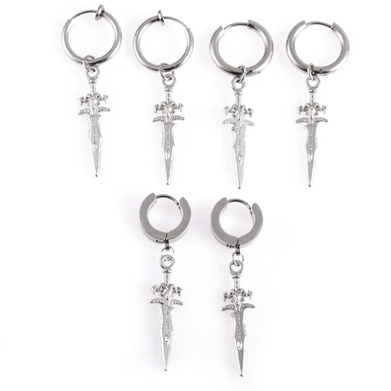 WKOUD 1Pair Stainless Steel Vintage Cool Sword Earrings Female Punk Ear Hoops For Womens Mens Jewelry Long Unique Dangle Drop image 5