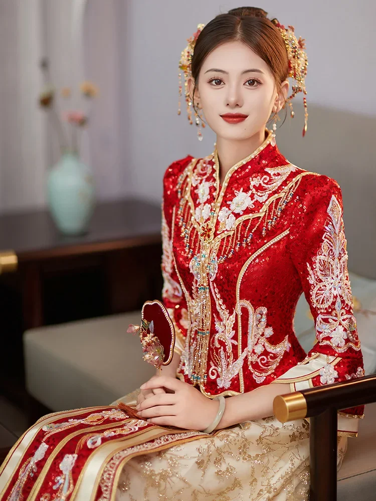 Elegant Tassel Cheongsam Embroidery Chinese Style Sparkly Sequins Beading Wedding Dress Marriage Set Bride Toast Clothing