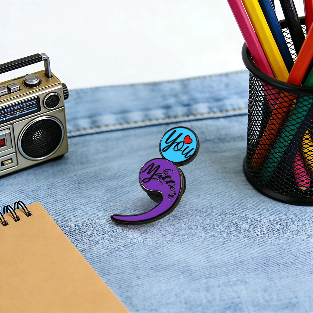 Mental Health Awareness Semicolon Enamel Pin You Matter Heart Brooch Positive Quote Badge Jewelry Gift For Women Men view 3