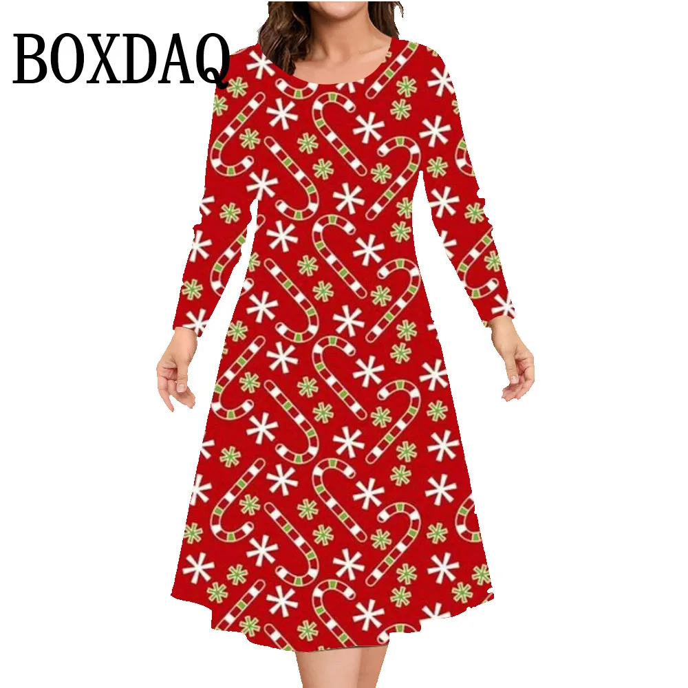 Women's 2024 Fall Winter Dresses New Christmas Crutch 3D Printed Party Dress Casual Fashion Round Neck Long Sleeve A-Line Dress