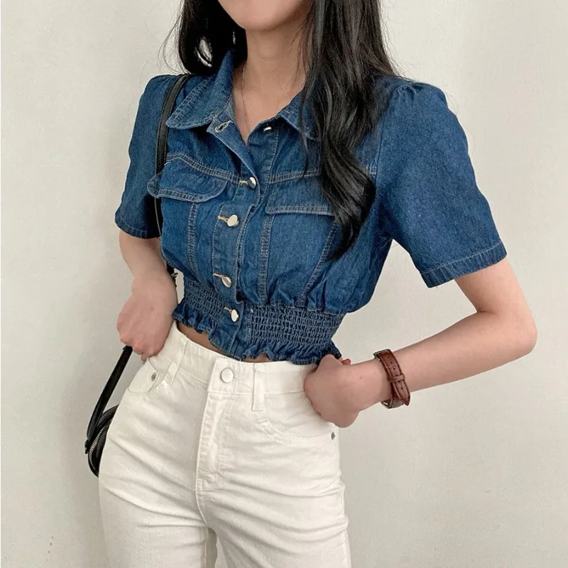 

Sweet Hot Girl Short-sleeved Denim Shirt Women's Summer Turn-down Collar High Waisted Casual Cardigan Fashion Female Clothes