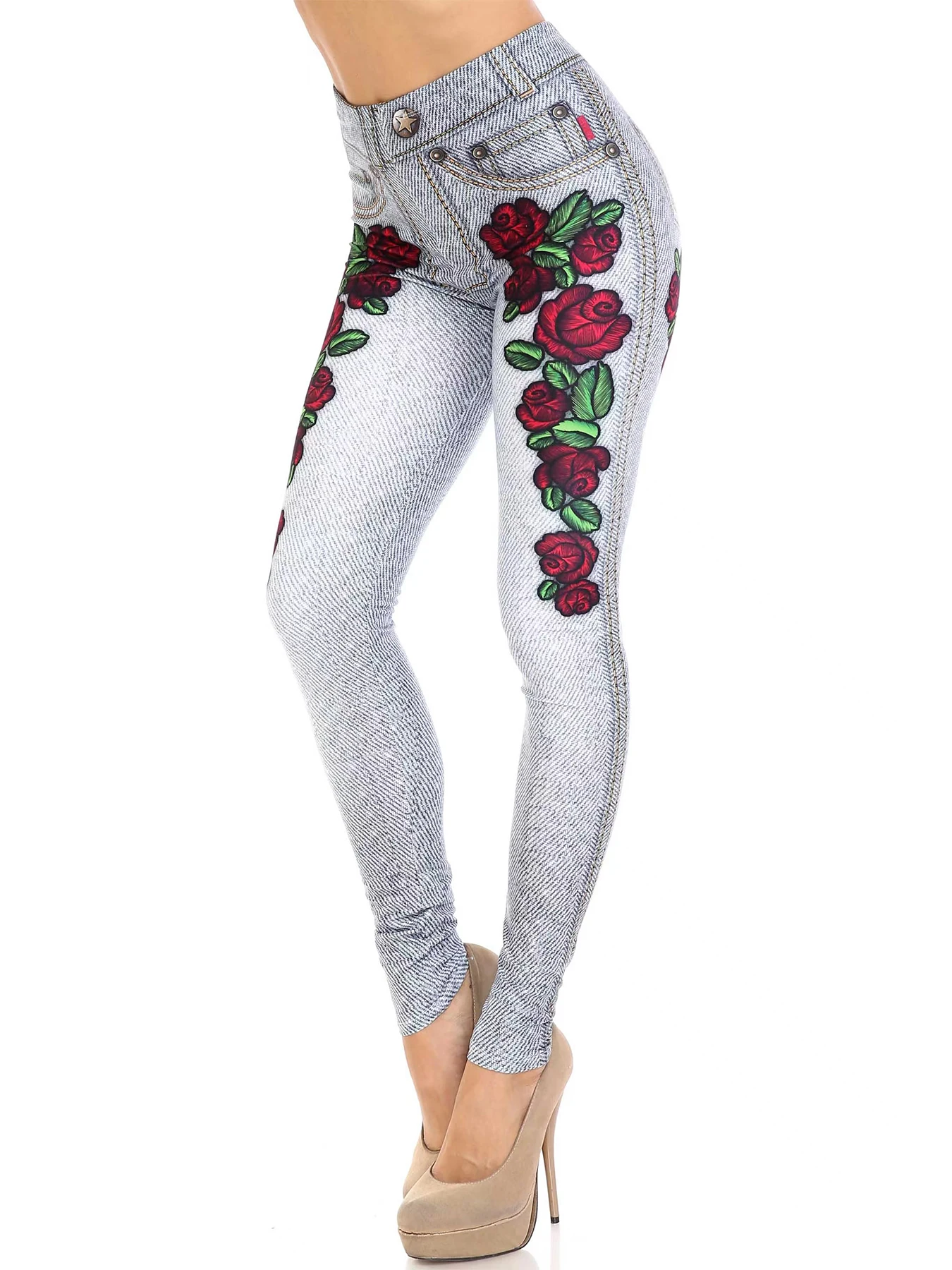 New High-waisted Imitation Denim Leggings Women Europe And America Sexy Tight Height Elastic Rose Nine-point Pants Women