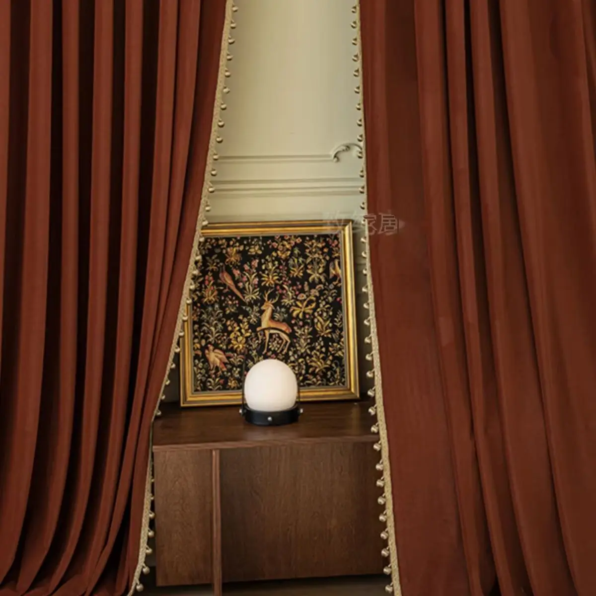 American Palace Style Retro Red-brown Curtains with Golden Lace Living Room Master Bedroom Decoration Room Blackout Velvet Door