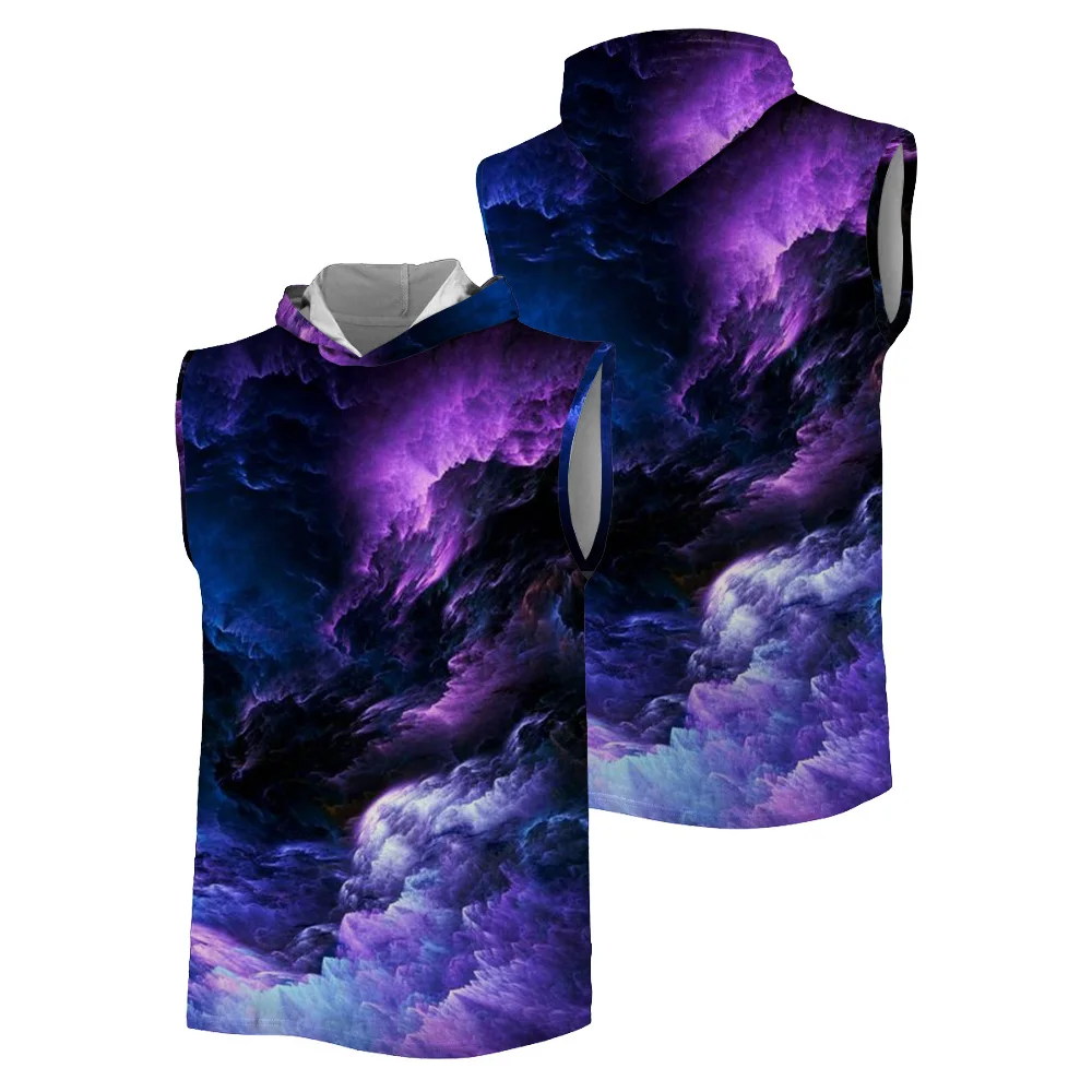 Summer Trend 3D Purple Sky Cloud Print Hooded vest Fashion Casual Sports Outdoor Fitness Breathable quick drying Men's T-shirt