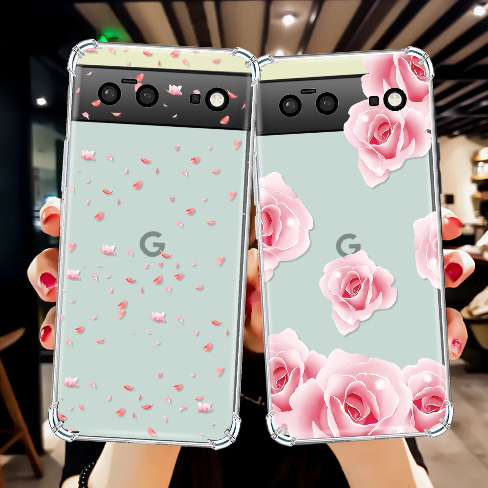 Phone Case For Google Pixel 7a 7 Pro 6a 6 6Pro Cherry Blossom Petals Cases Transparent Shockproof Soft Silicone TPU Cover Fundas