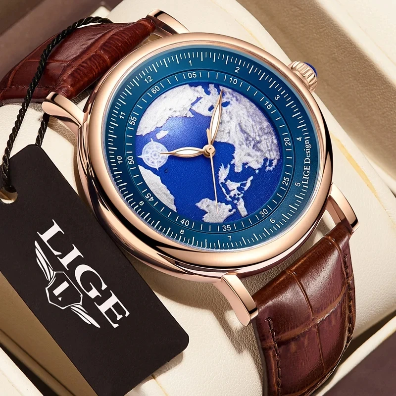 

LIGE Mens Watches Blue Planet Creative Earth Fashion Quartz Wristwatch Leather Sport Watch for Men Luminous Clock Man with Box