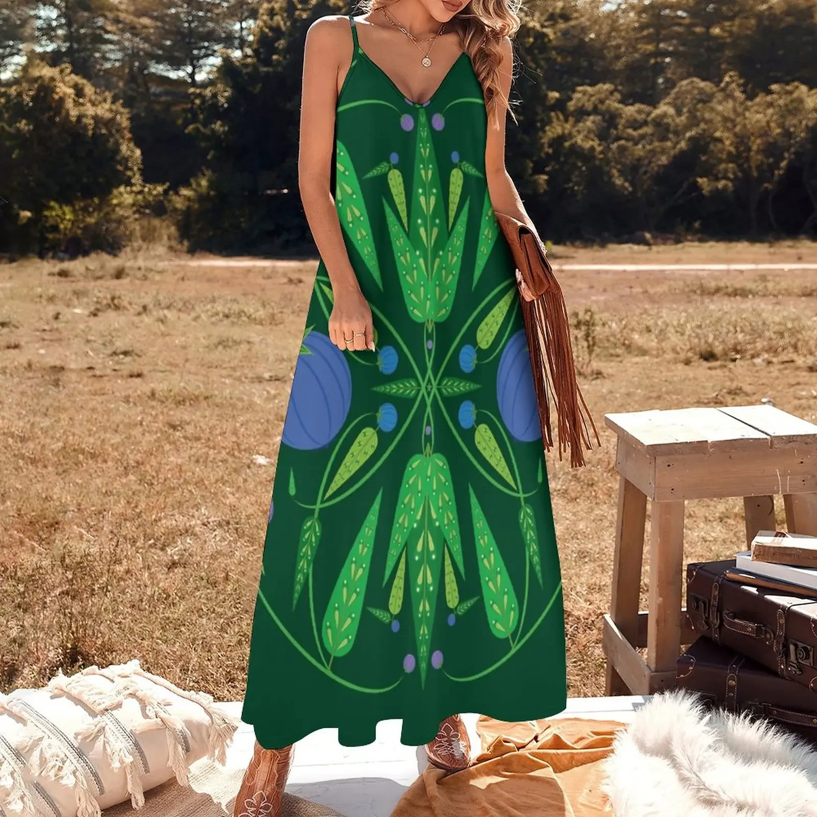 Guardian Of The Blueberries - Dark Green Sleeveless Dress Women's summer skirt elegant and pretty women's dresses