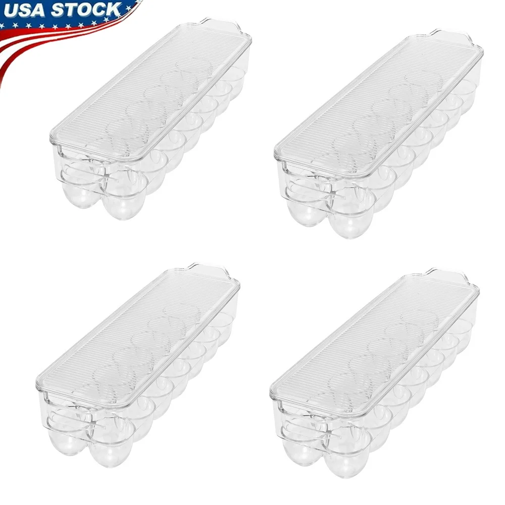 

4 Pack Stackable Plastic Egg Crate Organizer with Handles Refrigerator Freezer Holds 14 Eggs Ideal Storage Management