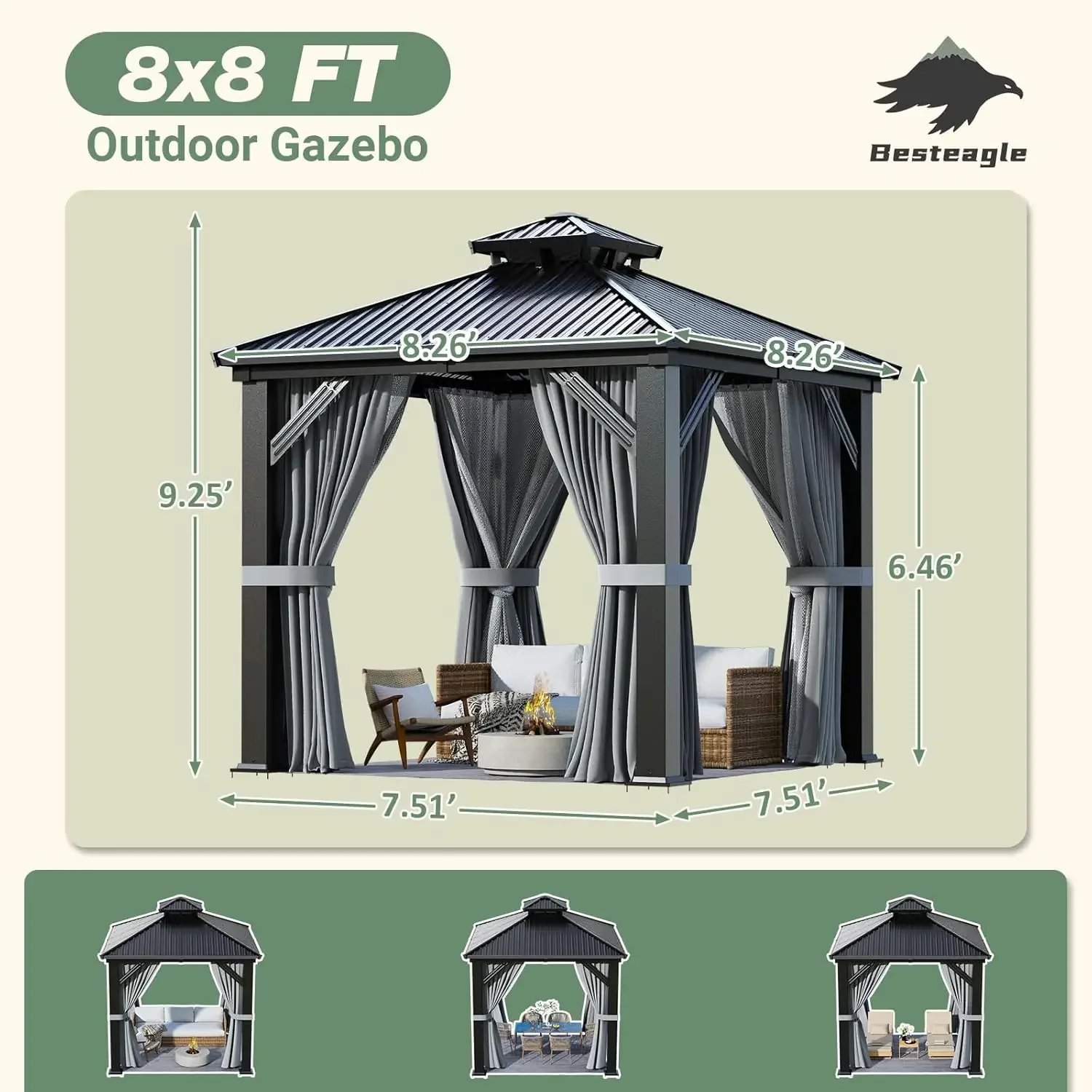 8’ x 8’ Hardtop Gazebo, Heavy Duty Aluminum Frame Outdoor Gazebo with Double Galvanized Steel Roof, Curtains, Customized