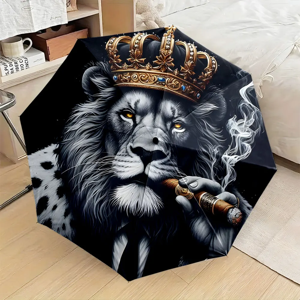 1PC Royal Lion Design Umbrella with Crown and Cigar Print 8 Iron Ribs Folding Umbrella Auto-Open Fashion Sunshade