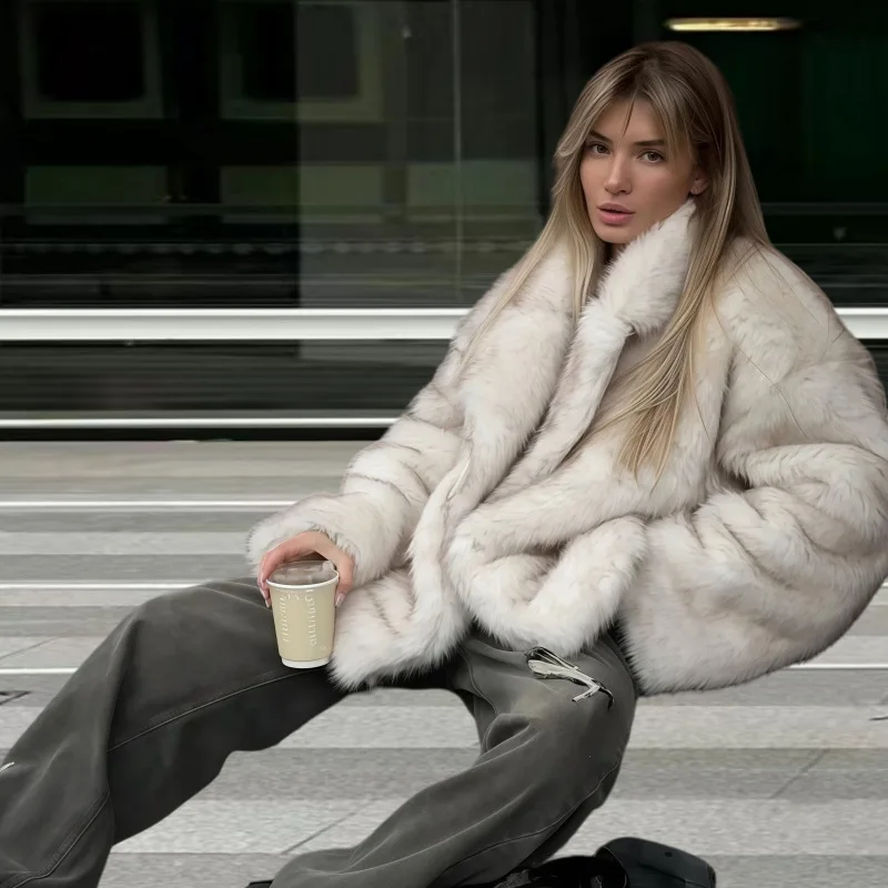 المرأة منتصف طول معطف الفرو Jaet الخريف الشتاء Faion Ele التلبيب معطف رقيقة بسيطة Sle فضفاضة تناسب الأصل الصيني