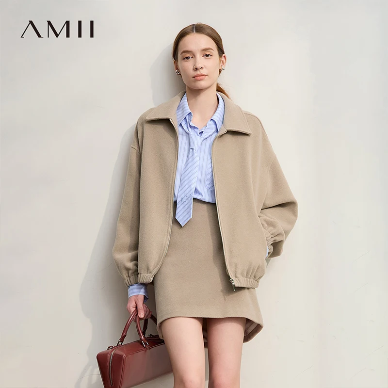AMII Women's Coat 2026 Winter Minimalism Warm Loose Long Sleeve Lady Jacket Zipper Versatile Woolen Coat Woman Clothing 12524027