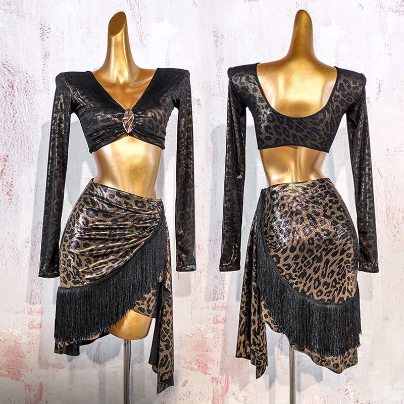 

Женская одежда для латинских танцев, леопардовый топ с длинными рукавами, юбка с бахромой для взрослых, сценический наряд для латинских выступлений, танцевальная одежда для ча-ча-самбы 5005