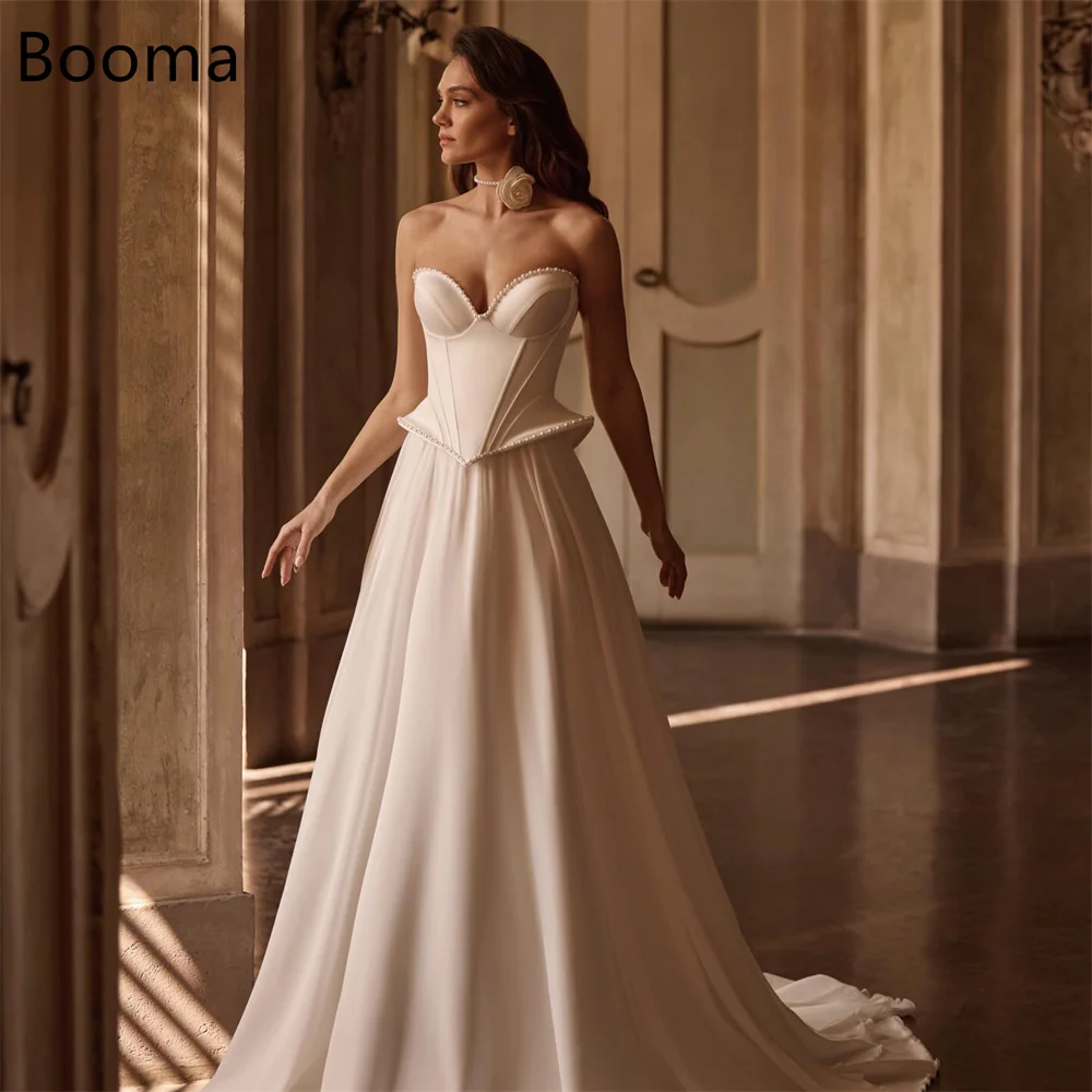 

Booma A-Line Long Simple Satin Strapless Sweetheart Pearls Wedding Dresses Sleeveless Brides Gown Custom Made 2025
