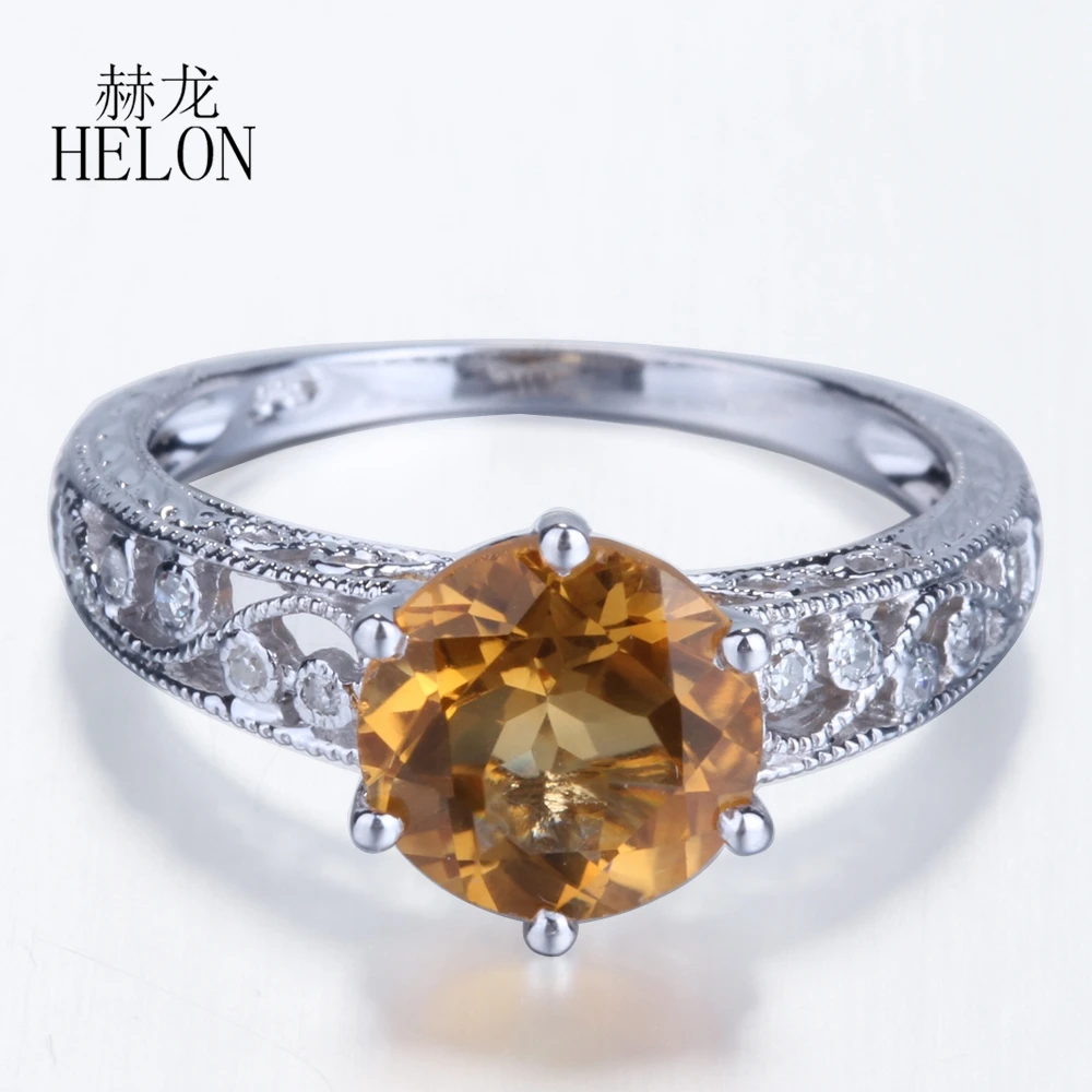 HELON Flawless Round 7.5mm Natural Citrine Solid 14K White Gold Diamonds Engagement Wedding Ring For Women Vintage Fine Jewelry