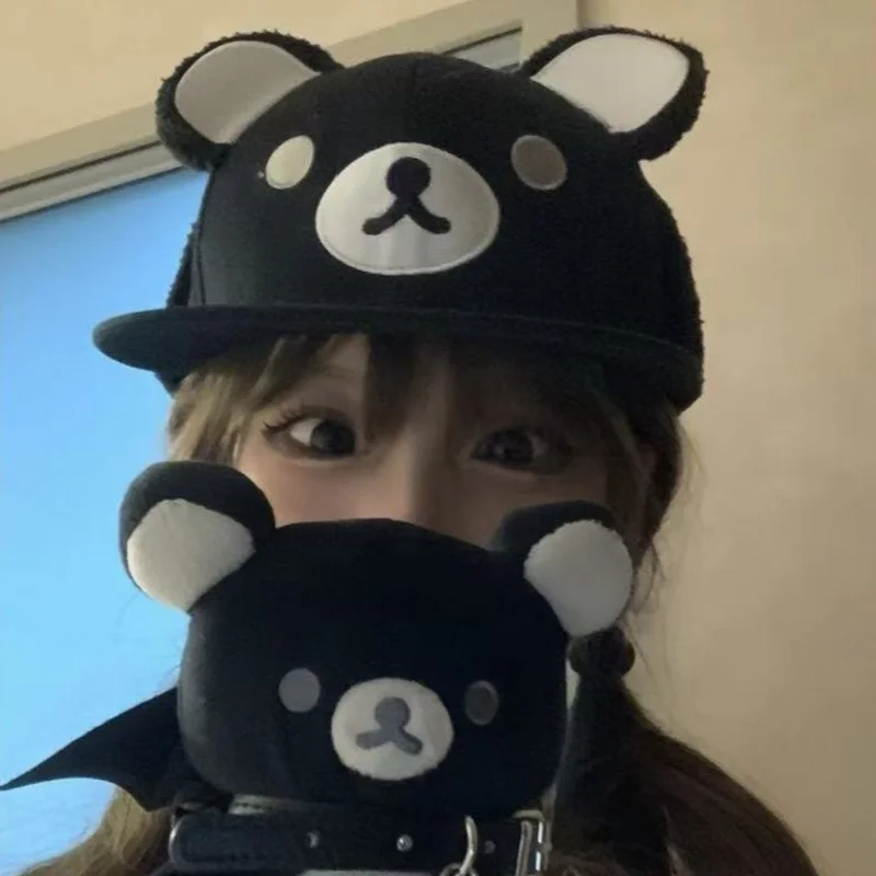 

Черная бейсболка с милыми медвежьими ушками, регулируемая бейсболка Snapback в стиле Rilakkuma Y2k, милая крутая повседневная одежда Gyaru для девочек и женщин