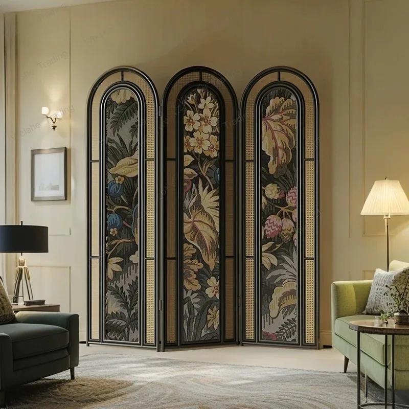 

Medieval solid wood rattan screen partition living room against the wall entrance foldable mobile folding screen