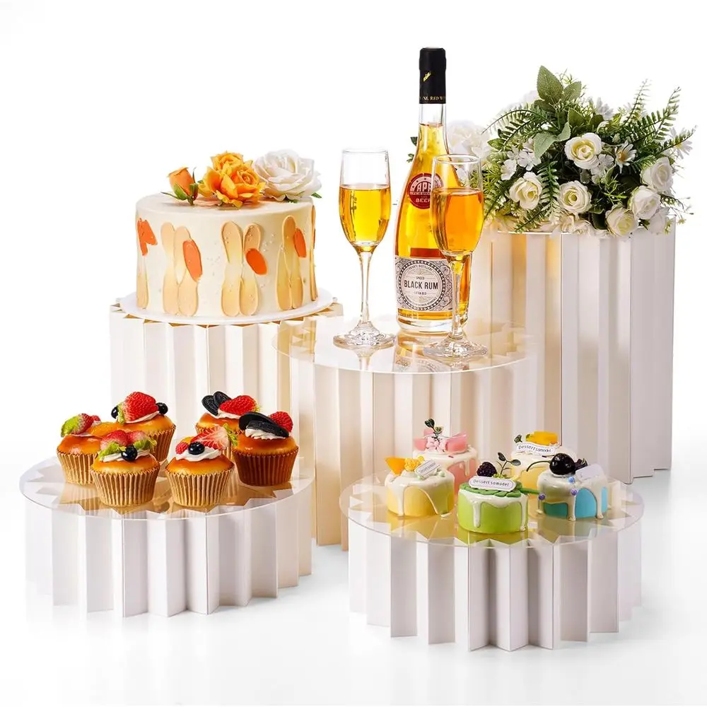 

5 Pieces Large Buffet Risers - 12" Foldable Food Display Risers, Multi-Height Cardboard Cylinder Stands with Acrylic Plates for