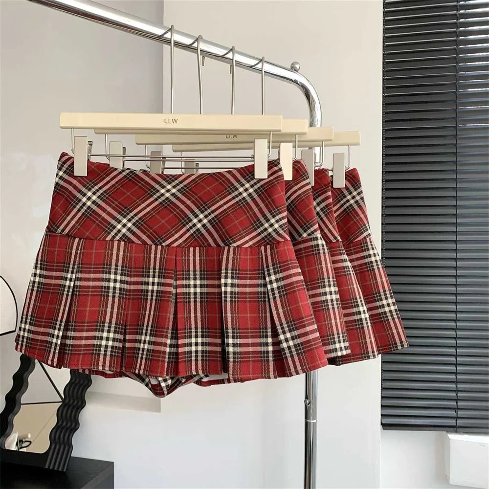 High Waisted Red Plaid Pleated Skirt Women School Uniform Style Vintage Checkered Mini Skirt Preppy Aesthetic Y2K Street Outfit