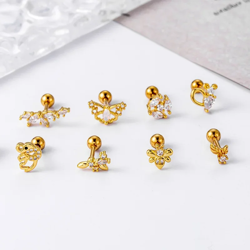 1Piece Thick Rod Piercing Stainless Steel Earring for Women Earring Jewelry Elephant Bee Shape Zircon Stud Earrings for Teens