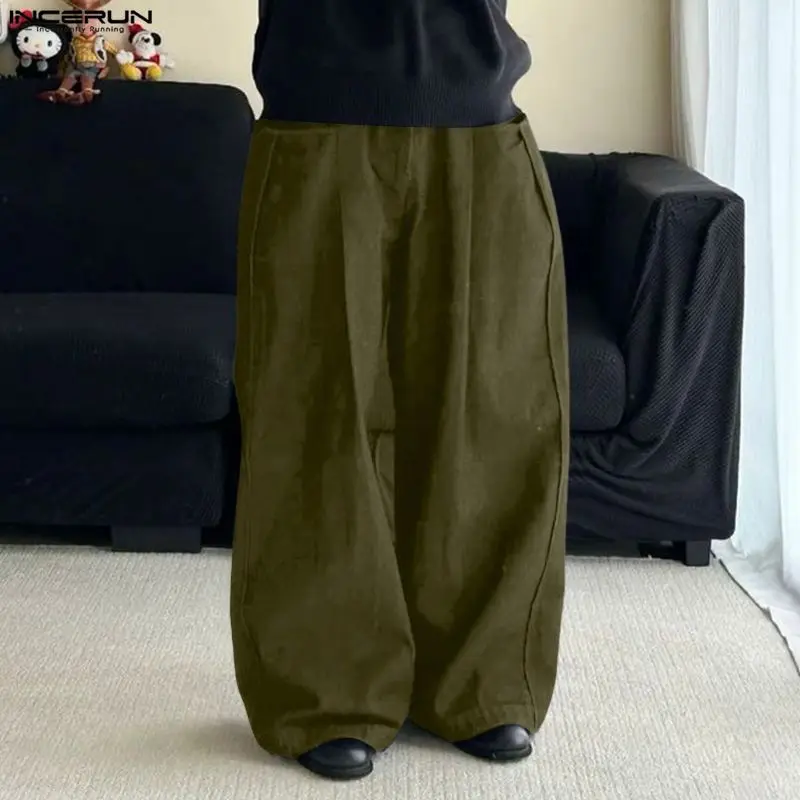 

INCERUN Men Pants Solid Button Joggers Casual Loose Wide Leg Pants Men Streetwear Pockets Fashion Leisure Male Long Trousers