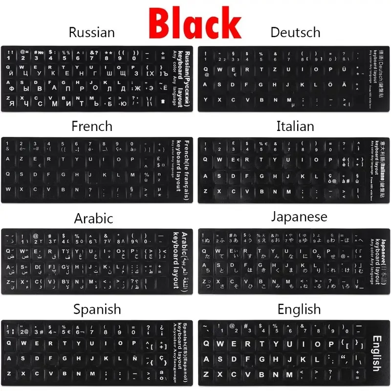 Multilingual Keyboard Letter Stickers, PVC Laptop Key Labels for English, Russian, Spanish, German and Korean Layout Conversion