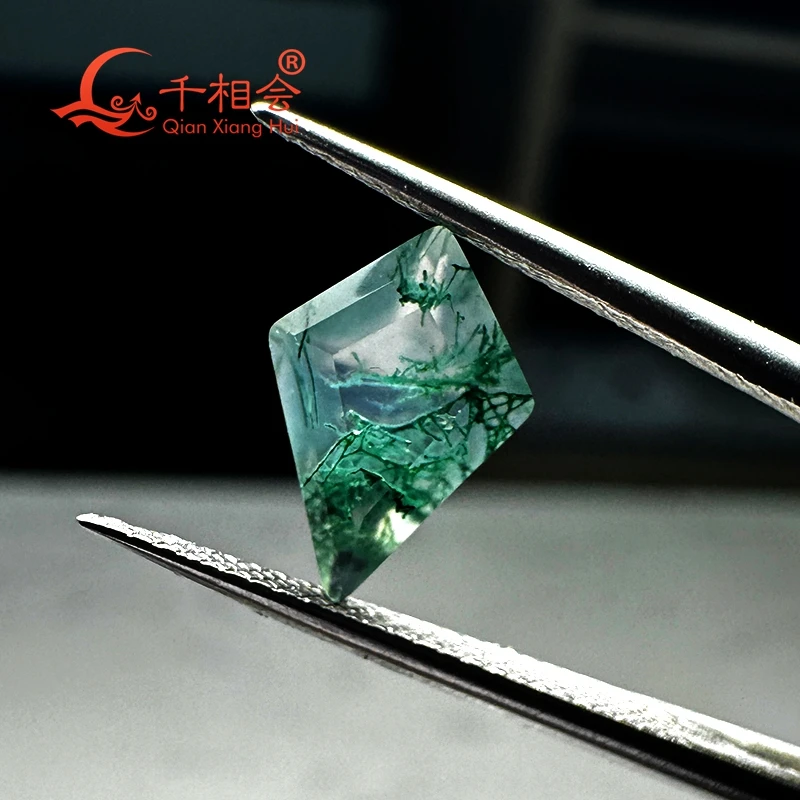 Gema suelta de ágata natural para fabricación de joyas, hierba de agua en forma de cometa, color verde, 7x9mm