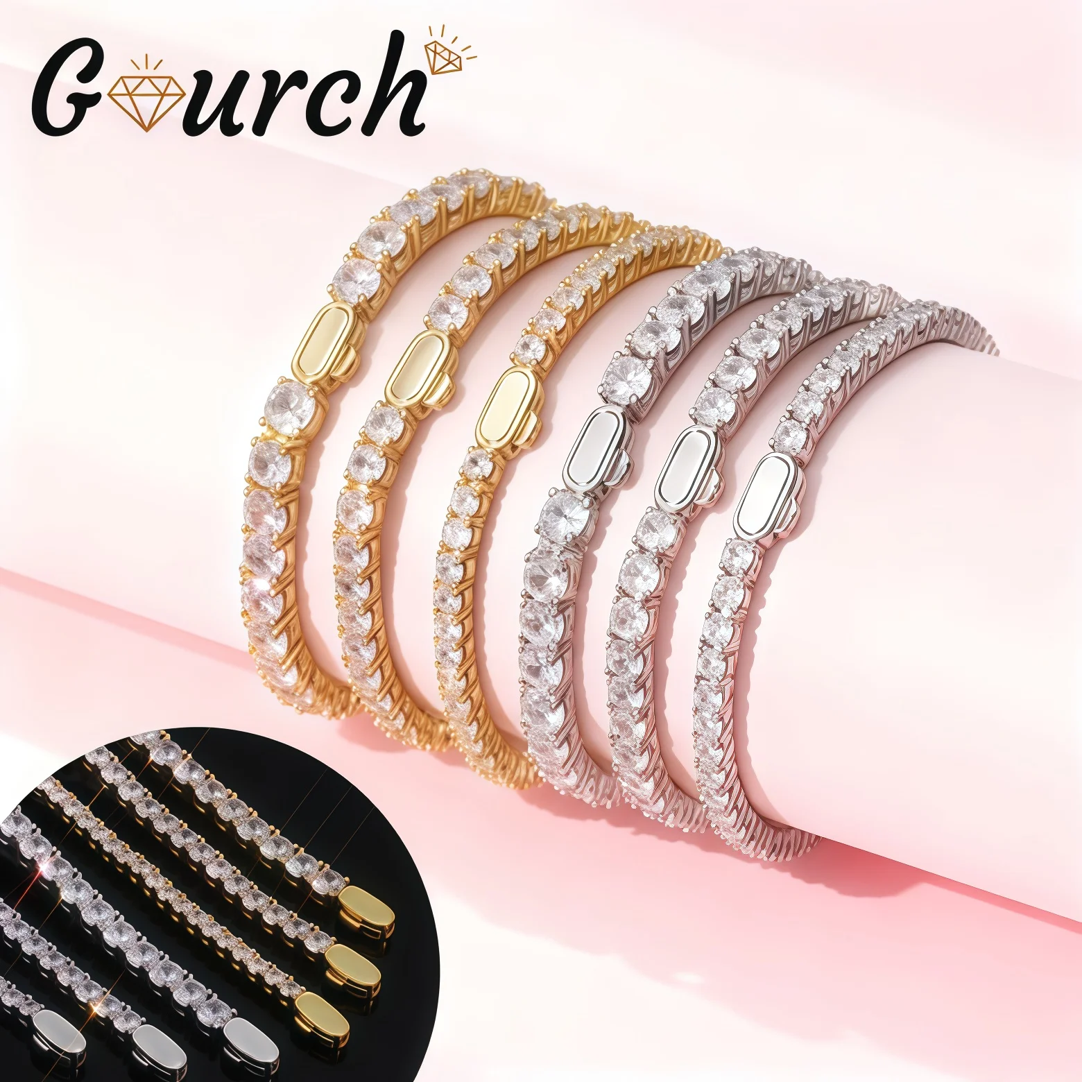 

Gourch S925 Sterling Silver Tennis D VVS1 Moissanite Bracelet Full Round Hip Hop Chain for Men Women Luxury Unisex Jewelry Gift