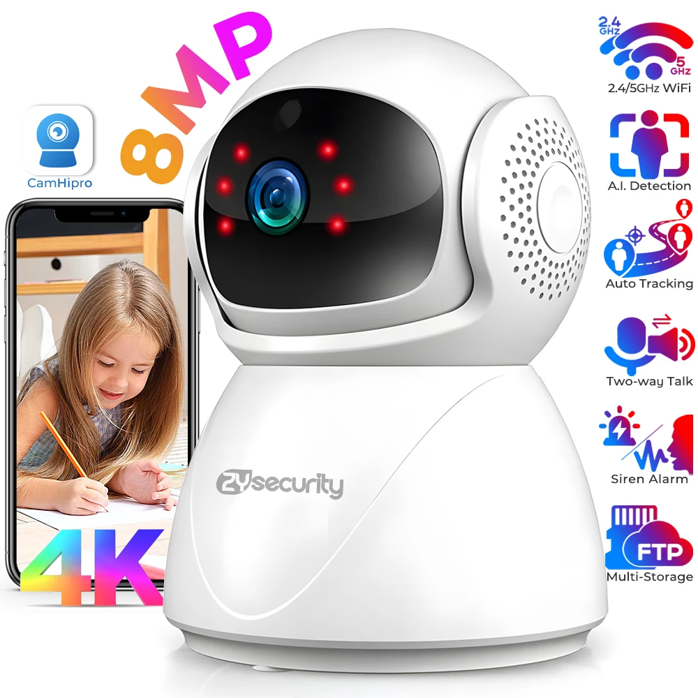 

4K 8MP WiFi Smart Home Security Camera, Indoor Pet Camera/Baby Monitor, 2.4/5 GHz Wi-Fi Humanoid Tracking Pan/Tilt IP Camera LAN
