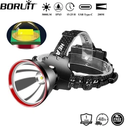 BORUiT 5000LM SST40 LED Headlamp Super Bright Type-C Rechargeable Power Bank Headlight Waterproof Camping Head Torch
