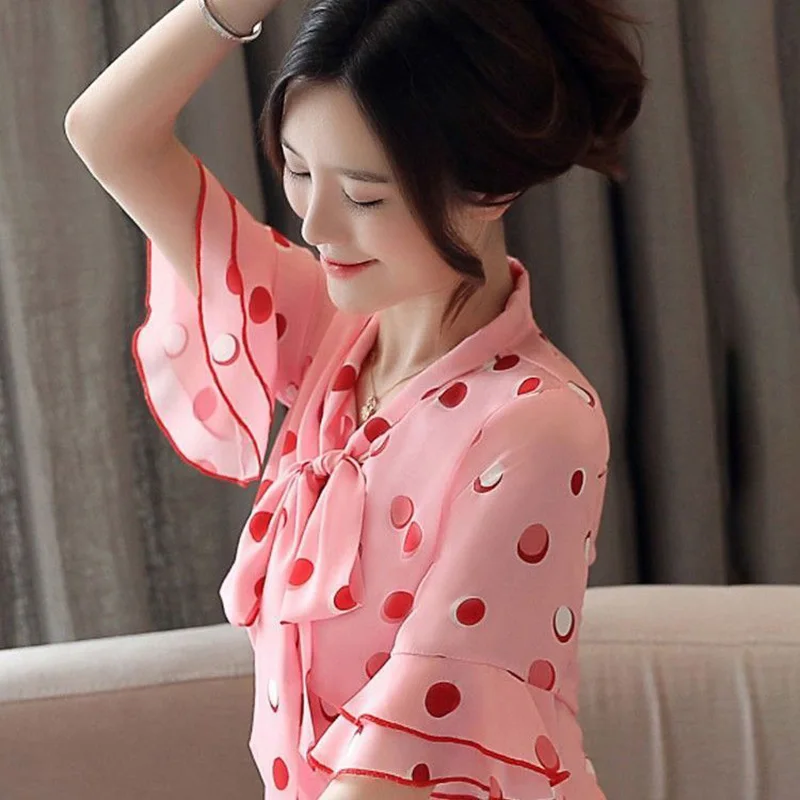 

Fashion Bow Printed Polka Dot Butterfly Sleeve Loose Chiffon Shirt Summer Commute Tops Oversized Sweet Female Clothing Blouse