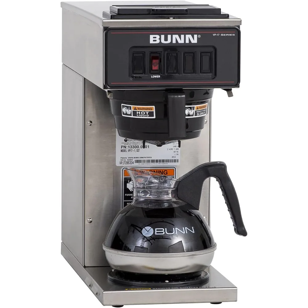 BUNN 13300.0001 pembuat kopi poulrover VP17-1SS, penggoreng kopi dengan penghangat 1, baja tahan karat, perak, standar