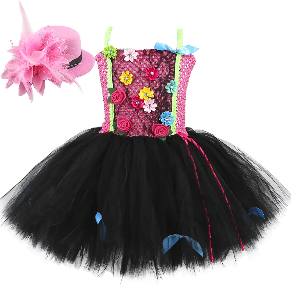 

Hot Pink Black Flowers Tutu Dress for Girls Birthday Halloween Costumes Outfit for Kids Fancy Princess Dresses with Hat Hairpin