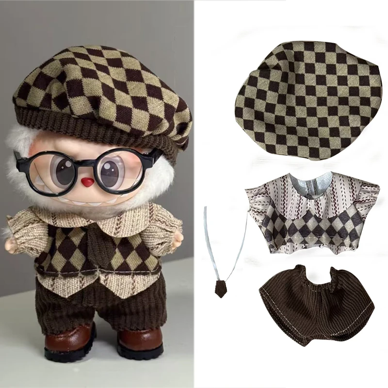 

For 15 17cm Labubu Doll Maillard Color Brown College Style Shirt Vest Outfit Clothes Autumn Clothing Hat Shoes Set Accessories