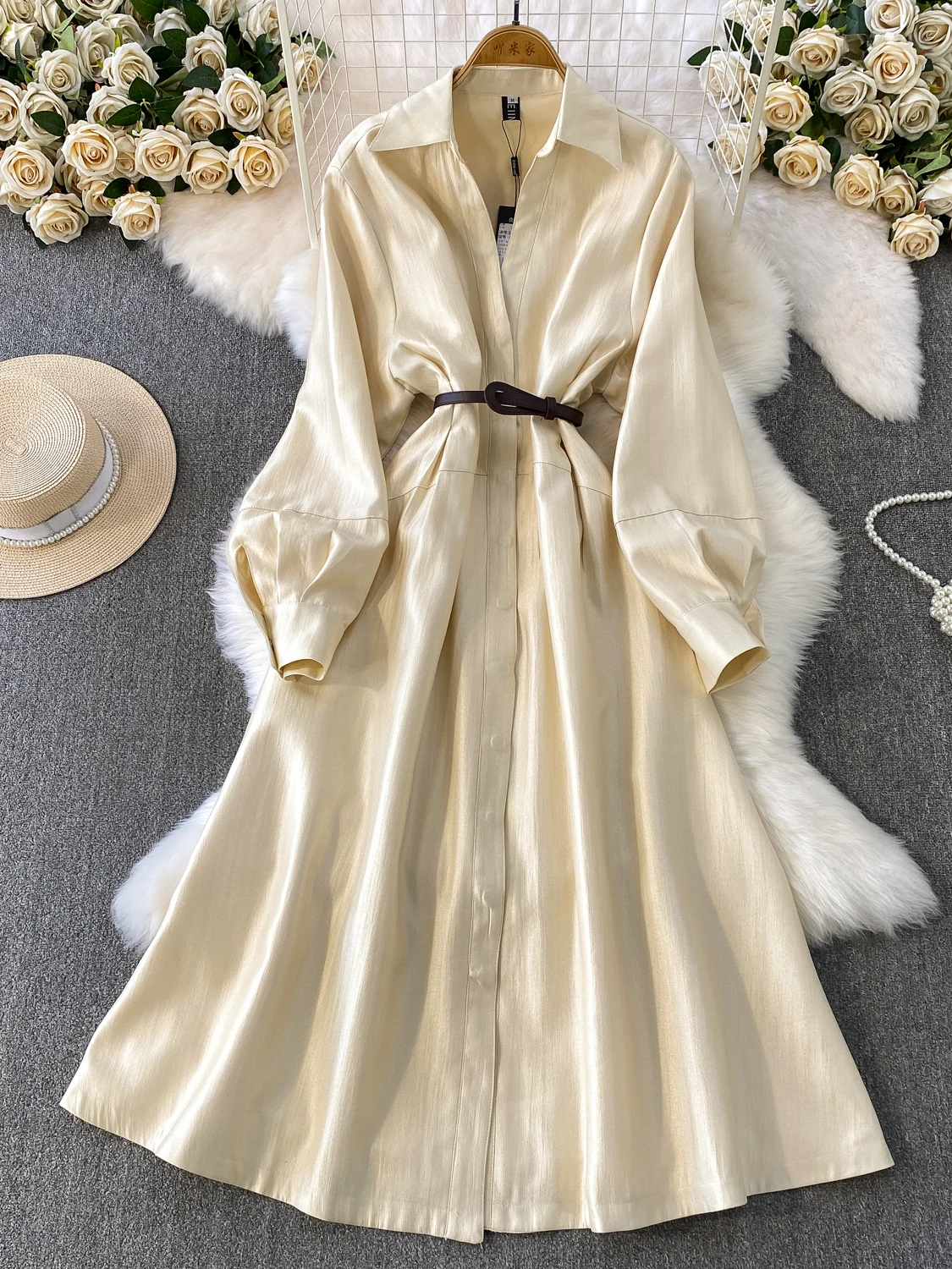 Superaen estilo francês retro cetim com decote em v vestido feminino outono nova cintura plissada elegante único breasted vestidos longos