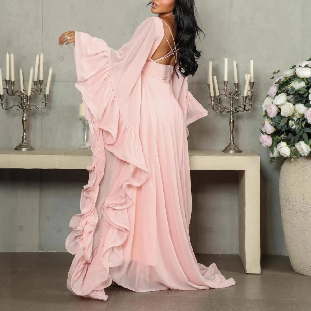 VGH Abiti lunghi sexy di lusso a sbuffo per le donne O collo manica lunga Patchowrk volant vita alta abito da sera trasparente primavera femminile